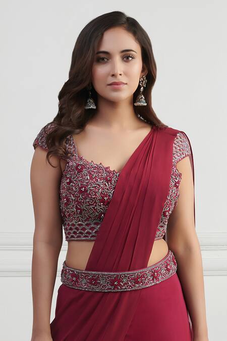 Buy_Nishta Studio_Purple Georgette, Silk, Net Cut Work, Embroidery, Beads Pant Saree With Blouse_Online_at_Aza_Fashions