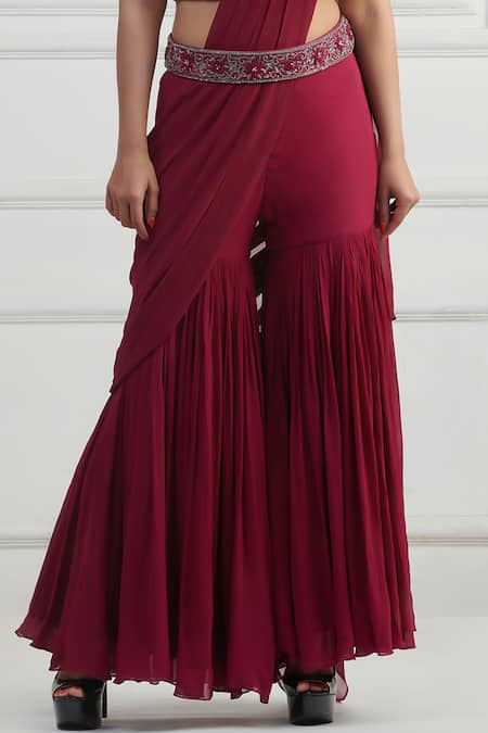 Shop_Nishta Studio_Purple Georgette, Silk, Net Cut Work, Embroidery, Beads Pant Saree With Blouse_Online_at_Aza_Fashions