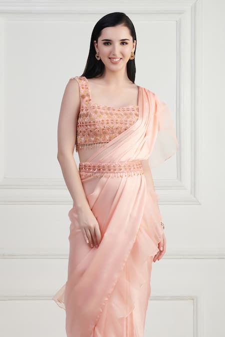 Buy Nishta Studio Peach Satin, Net, Crepe Sequins, Ruffle Pre-draped Saree With Embroidered Blouse Online at Aza Fashions Buy_Nishta Studio_Peach Satin, Net, Crepe Sequins, Ruffle Pre-draped Saree With Embroidered Blouse_Online_at_Aza_Fashions