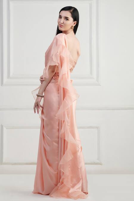 Shop Nishta Studio Peach Satin, Net, Crepe Sequins, Ruffle Pre-draped Saree With Embroidered Blouse at Aza Fashions Shop_Nishta Studio_Peach Satin, Net, Crepe Sequins, Ruffle Pre-draped Saree With Embroidered Blouse_at_Aza_Fashions