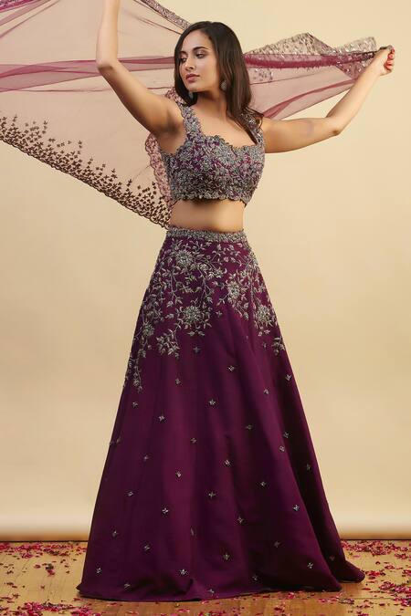 Shop_Nishta Studio_Purple Silk, Net Zari, Beads, Sequins Sweetheart Zardozi Embroidered Lehenga Set_Online_at_Aza_Fashions
