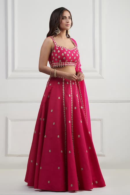 Shop_Nishta Studio_Pink Silk, Georgette Cut Work, Embroidery V-neck Raw Lehenga Set_Online_at_Aza_Fashions