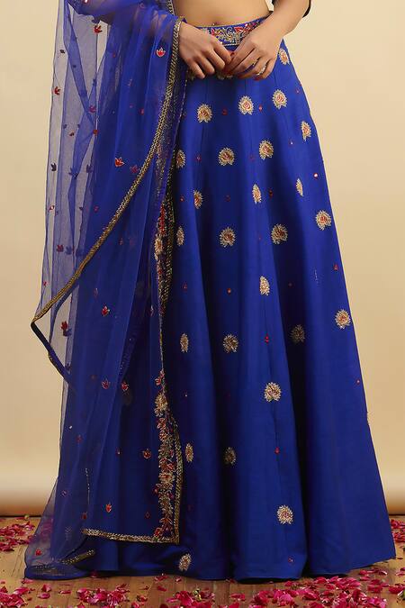 Buy_Nishta Studio_Blue Silk, Net, Crepe Zari, Mirrors V-neck Raw Floral Embroidered Lehenga Set_Online_at_Aza_Fashions