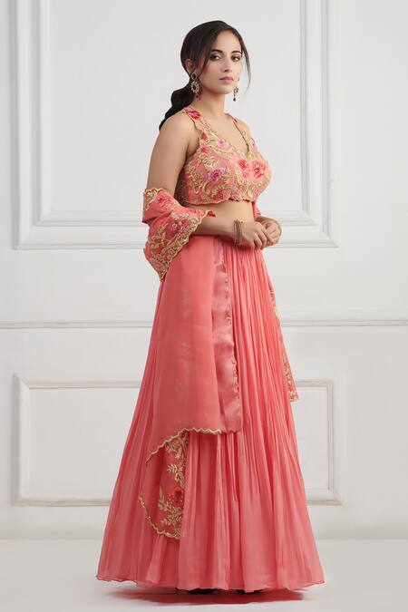 Nishta Studio_Peach Georgette, Organza, Crepe Embroidery, Sequins V-neck Blouse Lehenga Set_Online_at_Aza_Fashions