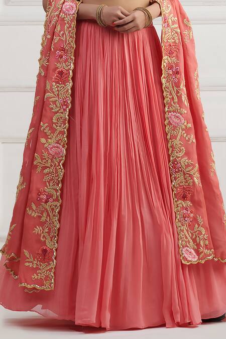 Shop_Nishta Studio_Peach Georgette, Organza, Crepe Embroidery, Sequins V-neck Blouse Lehenga Set_Online_at_Aza_Fashions