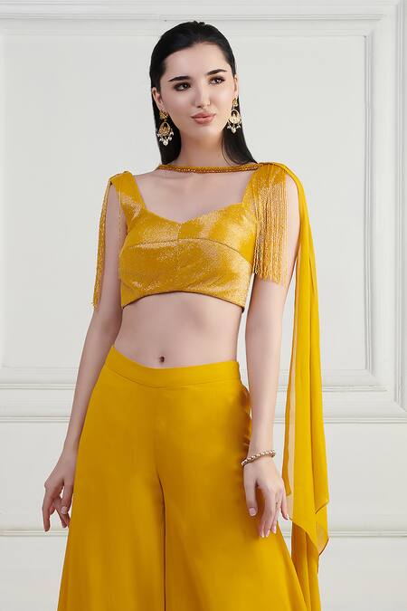 Buy_Nishta Studio_Yellow Silk, Net, Georgette Cut Work Cutdana Embroidered Blouse Flared Pant Set_Online_at_Aza_Fashions