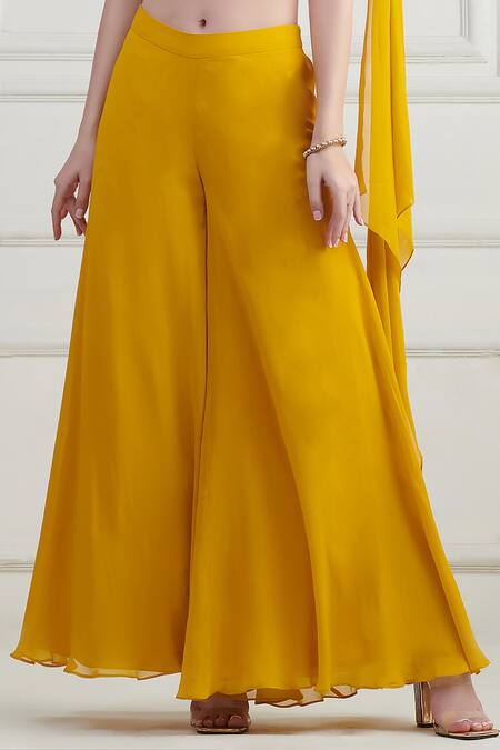 Shop_Nishta Studio_Yellow Silk, Net, Georgette Cut Work Cutdana Embroidered Blouse Flared Pant Set_Online_at_Aza_Fashions