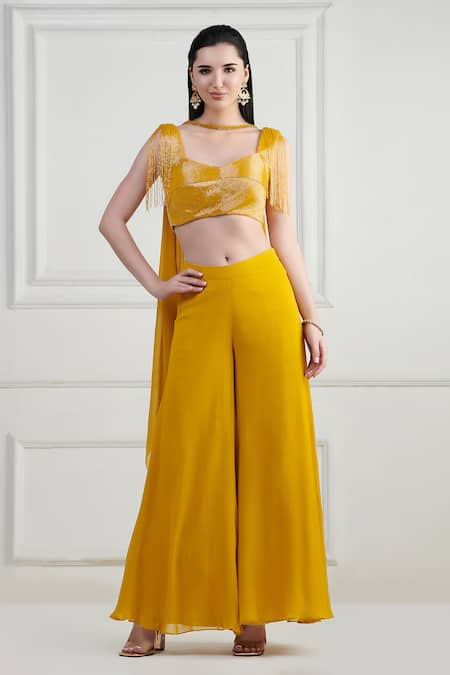 Nishta Studio Yellow Blouse Swiss Net With Silk Embroidery Cutdana Flared Pant Set  