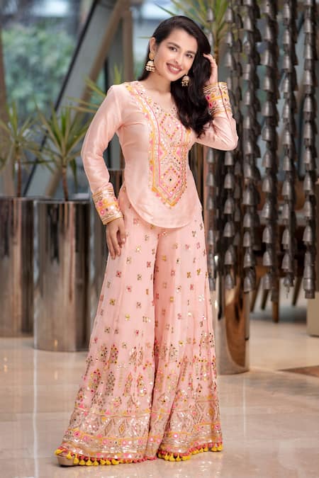 Gopi Vaid Pink Shirt - Viscose Embroidered Mirror Geometric And Flared Pant Set  