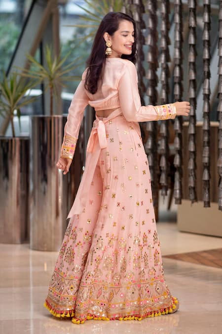 Gopi Vaid_Pink Viscose, Georgette Sequins, Mirrors, Geometric Shirt And Flared Pant Set _Online_at_Aza_Fashions