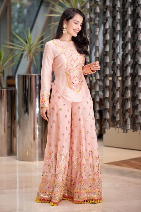 Shop_Gopi Vaid_Pink Viscose, Georgette Sequins, Mirrors, Geometric Shirt And Flared Pant Set _Online_at_Aza_Fashions