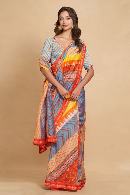 Gulabo by Abu Sandeep Multi Color Modal Satin Printed Chevron V Neck Blouse 