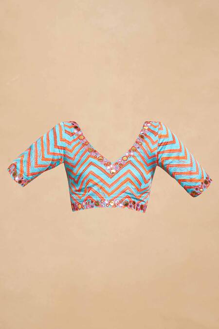 Gulabo By Abu Sandeep_Multi Color Modal Satin Printed Chevron V Neck Blouse_Online_at_Aza_Fashions