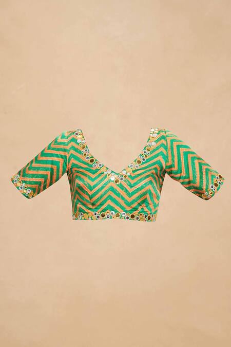 Buy_Gulabo By Abu Sandeep_Multi Color Modal Satin Printed Chevron V Neck Geometric Blouse_Online_at_Aza_Fashions