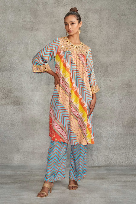 Gulabo by Abu Sandeep Multi Color Modal Satin Tribal Print Gathered Tunic