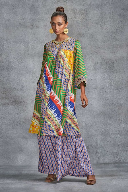 Gulabo by Abu Sandeep Multi Color Modal Satin Floral Tribal Print Gathered Tunic
