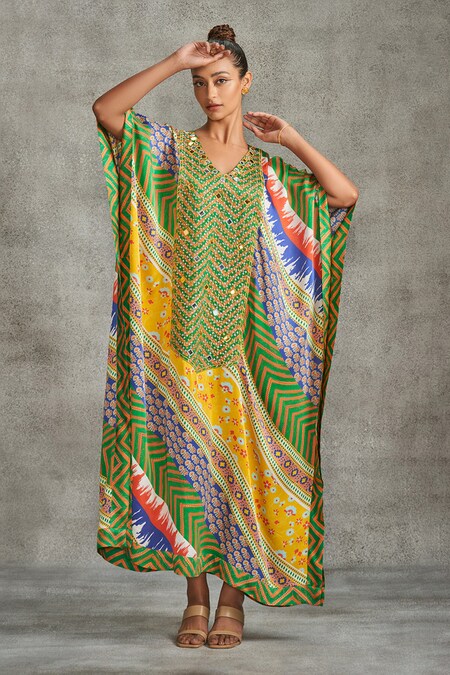 Gulabo by Abu Sandeep Multi Color Modal Satin Tribal Floral Print Kaftan