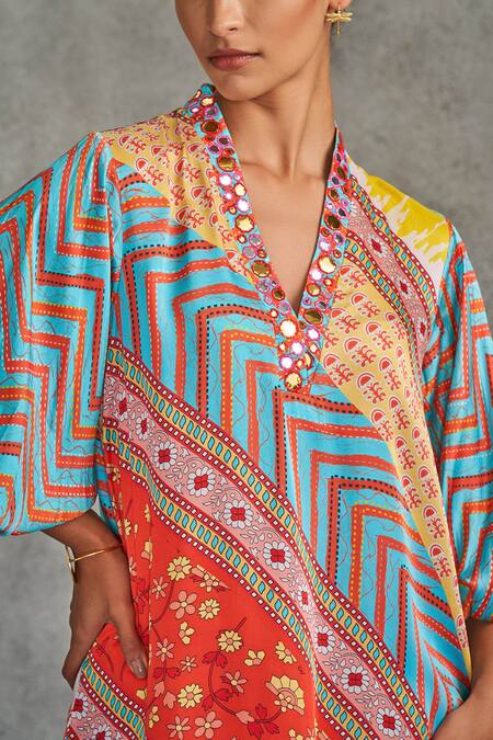 Gulabo By Abu Sandeep Multi Color Modal Satin Printed Tribal V Neck Short Kurti at Aza Fashions Gulabo By Abu Sandeep_Multi Color Modal Satin Printed Tribal V Neck Short Kurti_at_Aza_Fashions