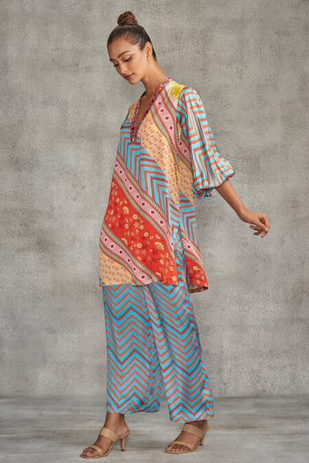 Shop_Gulabo By Abu Sandeep_Multi Color Modal Satin Printed Tribal Chevron Memoni Pant_Online_at_Aza_Fashions