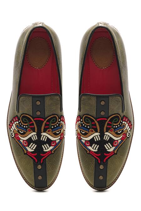 Shop Banjaaran Studio Green Lion Motif Leon Embroidered Loafers at Aza Fashions Shop_Banjaaran Studio_Green Lion Motif Leon Embroidered Loafers _at_Aza_Fashions