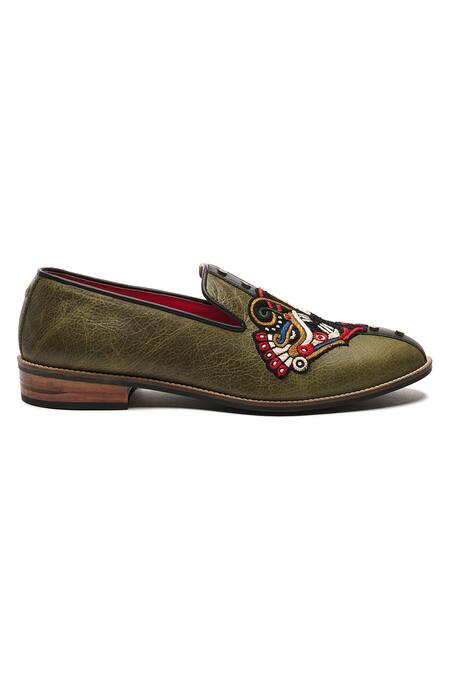 Banjaaran Studio Green Lion Motif Leon Embroidered Loafers Online at Aza Fashions Banjaaran Studio_Green Lion Motif Leon Embroidered Loafers _Online_at_Aza_Fashions
