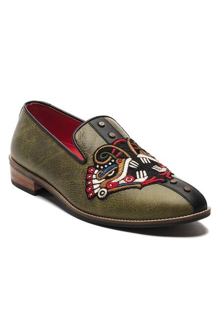 Shop Banjaaran Studio Green Lion Motif Leon Embroidered Loafers Online at Aza Fashions Shop_Banjaaran Studio_Green Lion Motif Leon Embroidered Loafers _Online_at_Aza_Fashions