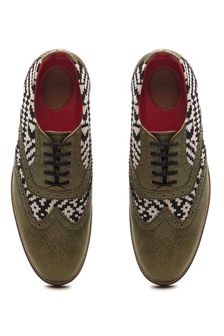 Shop Banjaaran Studio Green Geometric Texture Genuine Leather Brogues at Aza Fashions Shop_Banjaaran Studio_Green Geometric Texture Genuine Leather Brogues_at_Aza_Fashions