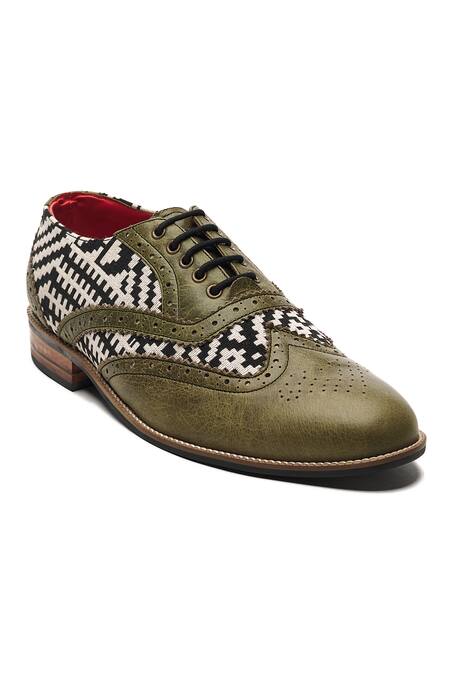 Shop Banjaaran Studio Green Geometric Texture Genuine Leather Brogues Online at Aza Fashions Shop_Banjaaran Studio_Green Geometric Texture Genuine Leather Brogues_Online_at_Aza_Fashions