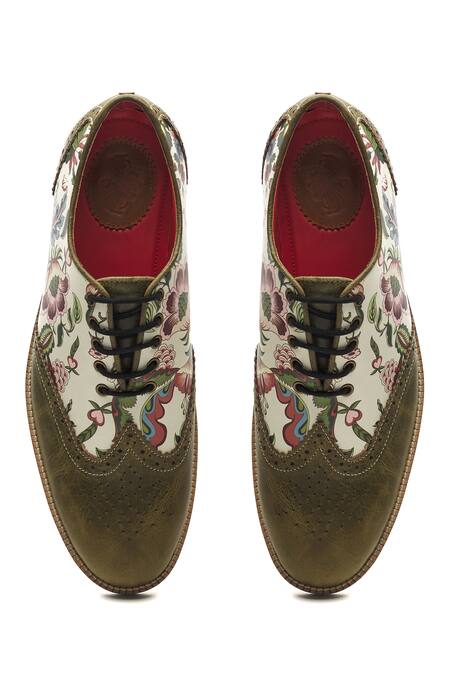 Shop Banjaaran Studio Green Floral Pattern Genuine Leather Brogues at Aza Fashions Shop_Banjaaran Studio_Green Floral Pattern Genuine Leather Brogues_at_Aza_Fashions