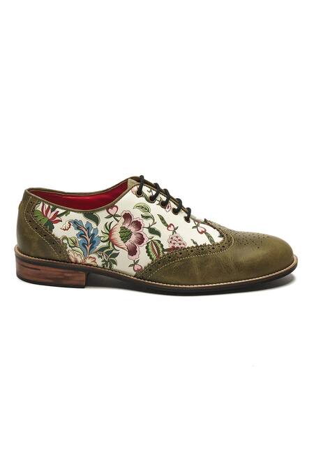 Banjaaran Studio Green Floral Pattern Genuine Leather Brogues Online at Aza Fashions Banjaaran Studio_Green Floral Pattern Genuine Leather Brogues_Online_at_Aza_Fashions