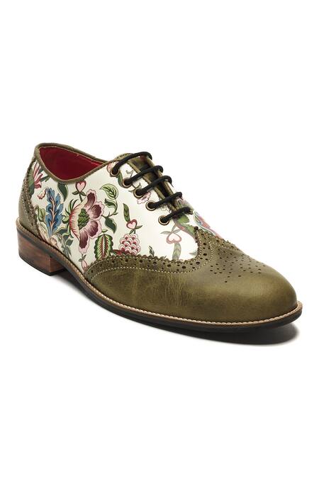 Shop Banjaaran Studio Green Floral Pattern Genuine Leather Brogues Online at Aza Fashions Shop_Banjaaran Studio_Green Floral Pattern Genuine Leather Brogues_Online_at_Aza_Fashions