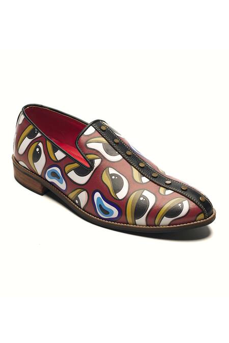 Shop_Banjaaran Studio_Red Abstract Nazar Pattern Loafers _Online_at_Aza_Fashions