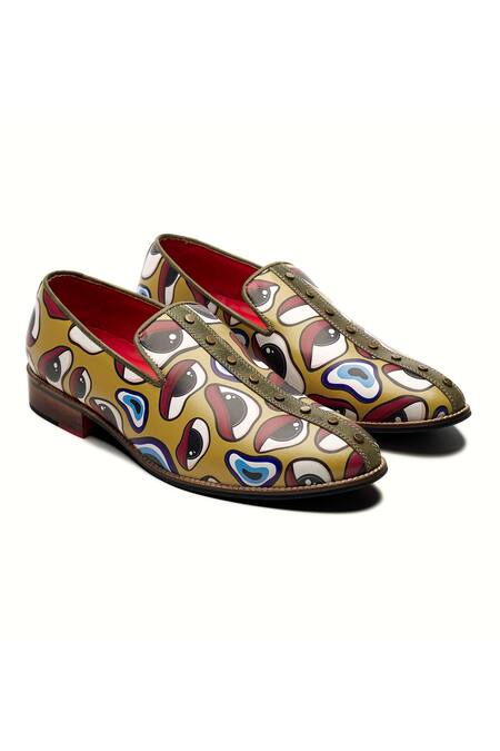 Buy Banjaaran Studio Yellow Abstract Nazar Pattern Leather Loafers at Aza Fashions Buy_Banjaaran Studio_Yellow Abstract Nazar Pattern Leather Loafers _at_Aza_Fashions
