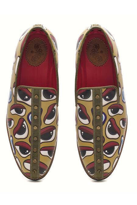 Shop Banjaaran Studio Yellow Abstract Nazar Pattern Leather Loafers at Aza Fashions Shop_Banjaaran Studio_Yellow Abstract Nazar Pattern Leather Loafers _at_Aza_Fashions