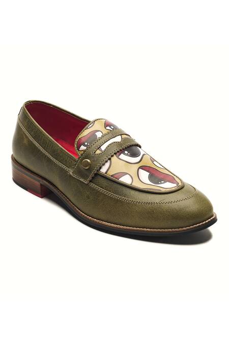 Shop_Banjaaran Studio_Green Abstract Nazar Placement Pattern Loafers _Online_at_Aza_Fashions