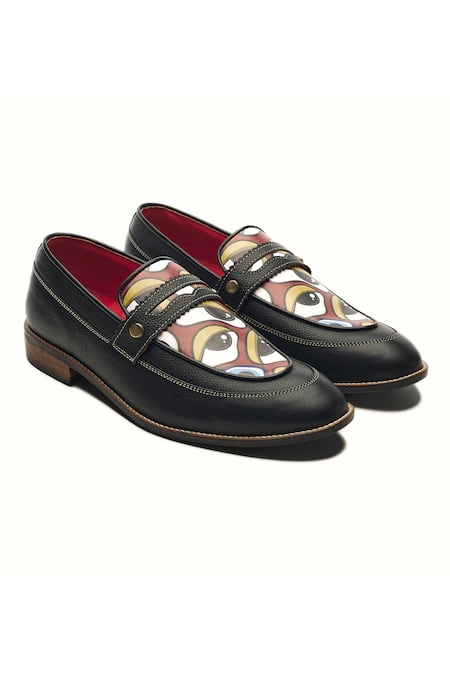 Banjaaran Studio Black Abstract Nazar Placement Pattern Leather Loafers  