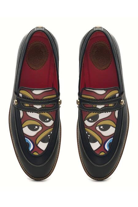 Shop Banjaaran Studio Black Abstract Nazar Pattern Leather Loafers at Aza Fashions Shop_Banjaaran Studio_Black Abstract Nazar Pattern Leather Loafers_at_Aza_Fashions