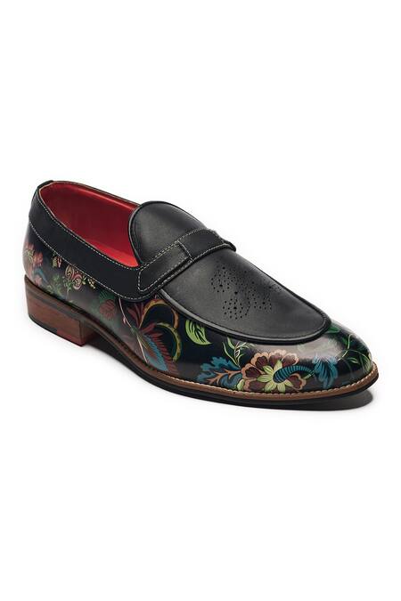 Shop_Banjaaran Studio_Black Flower Vine Bageecha Pattern Loafers _Online_at_Aza_Fashions