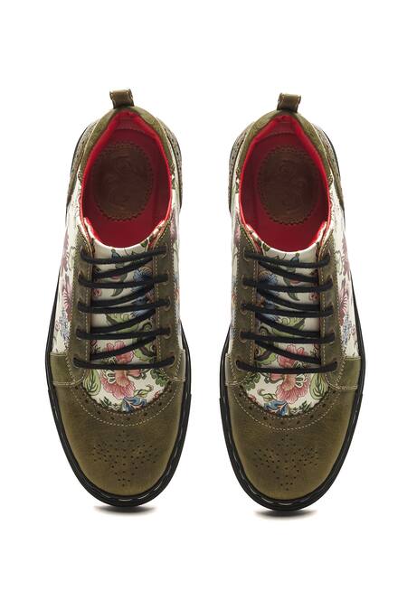 Shop Banjaaran Studio Green Floral Chintz Pattern Leather Sneakers at Aza Fashions Shop_Banjaaran Studio_Green Floral Chintz Pattern Leather Sneakers_at_Aza_Fashions