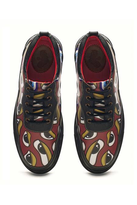 Shop Banjaaran Studio Black And Red Eye Pattern Leather Sneakers at Aza Fashions Shop_Banjaaran Studio_Black And Red Eye Pattern Leather Sneakers_at_Aza_Fashions