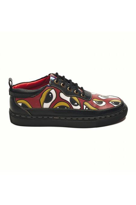 Banjaaran Studio Black And Red Eye Pattern Leather Sneakers Online at Aza Fashions Banjaaran Studio_Black And Red Eye Pattern Leather Sneakers_Online_at_Aza_Fashions