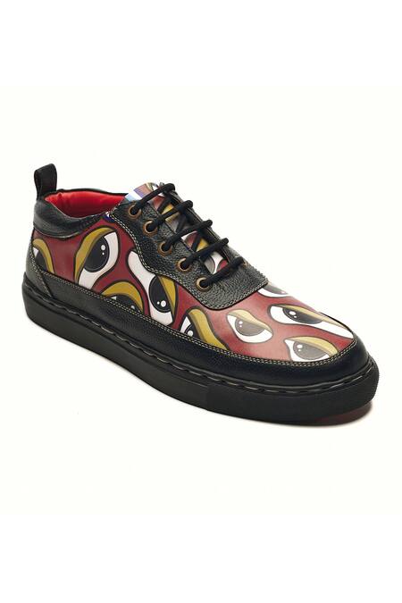 Shop Banjaaran Studio Black And Red Eye Pattern Leather Sneakers Online at Aza Fashions Shop_Banjaaran Studio_Black And Red Eye Pattern Leather Sneakers_Online_at_Aza_Fashions