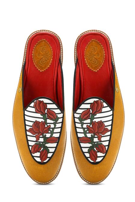 Shop Banjaaran Studio Yellow Hand Painted Leather Bloom Mules at Aza Fashions Shop_Banjaaran Studio_Yellow Hand Painted Leather Bloom Mules _at_Aza_Fashions