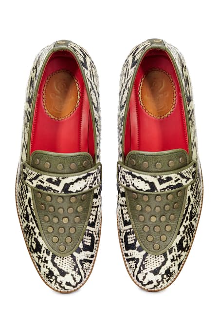 Shop Banjaaran Studio Green Python Patterned Slip-on Loafers at Aza Fashions Shop_Banjaaran Studio_Green Python Patterned Slip-on Loafers_at_Aza_Fashions