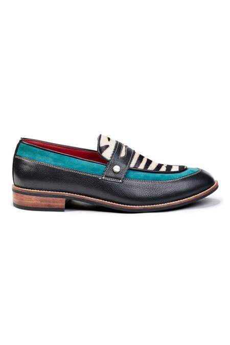 Banjaaran Studio_Black Teal And Zebra Slip-on Loafers_Online_at_Aza_Fashions