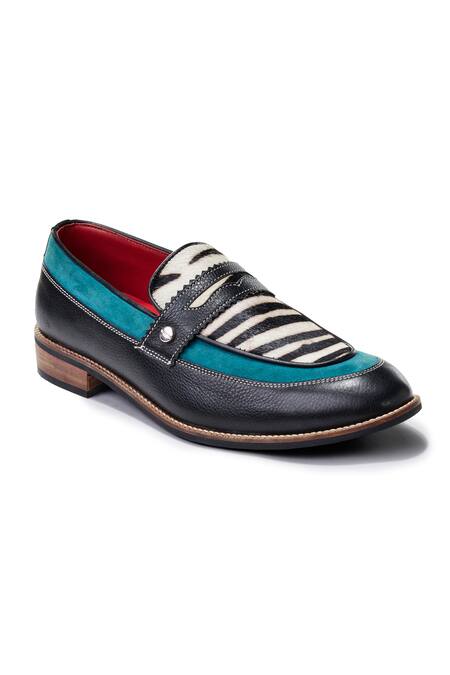 Shop_Banjaaran Studio_Black Teal And Zebra Slip-on Loafers_Online_at_Aza_Fashions