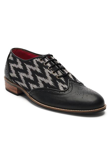 Shop_Banjaaran Studio_Black Handcrafted Leather Ikat Brogue Shoes_Online_at_Aza_Fashions