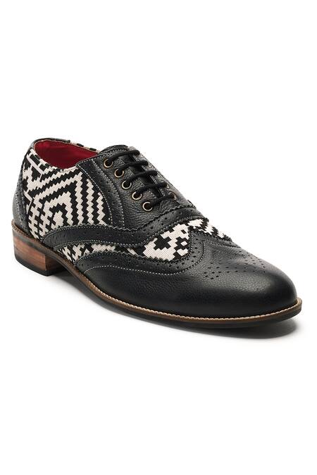 Shop_Banjaaran Studio_Black Texo Woven Brogue Shoes_Online_at_Aza_Fashions