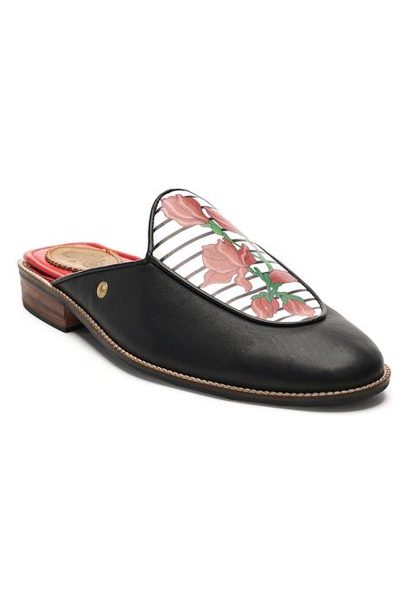Shop_Banjaaran Studio_Black Hand Painted Bloom Leather Mules_Online_at_Aza_Fashions