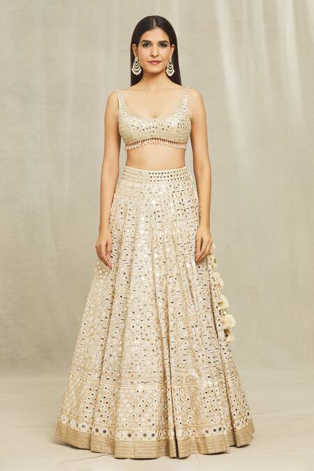 Buy_Gopi Vaid_Beige Georgette, Tussar, Organza Sequins, Mirrors, Daina Bridal Lehenga Set _Online_at_Aza_Fashions
